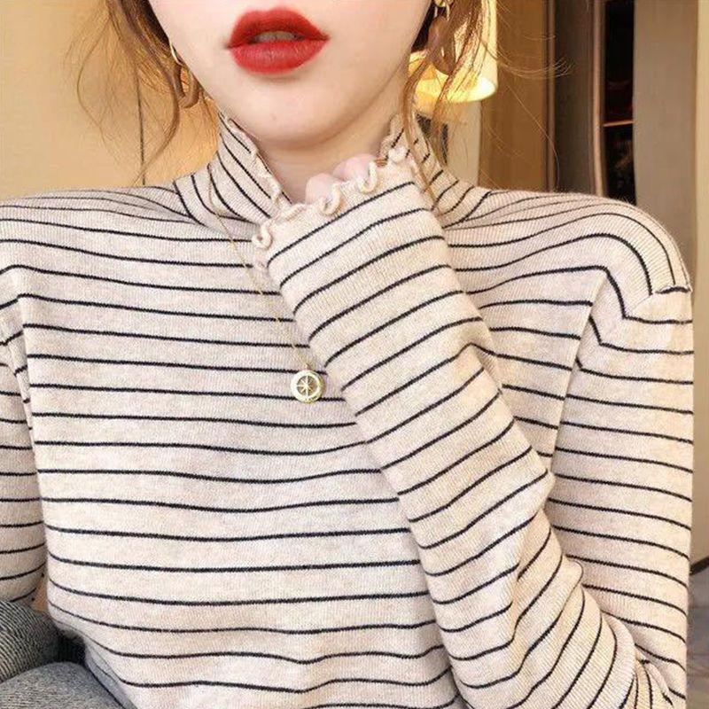 Пуловер женский бархатный полуводолазка в полоску, рубашка женская с длинным рукавом, универсальная