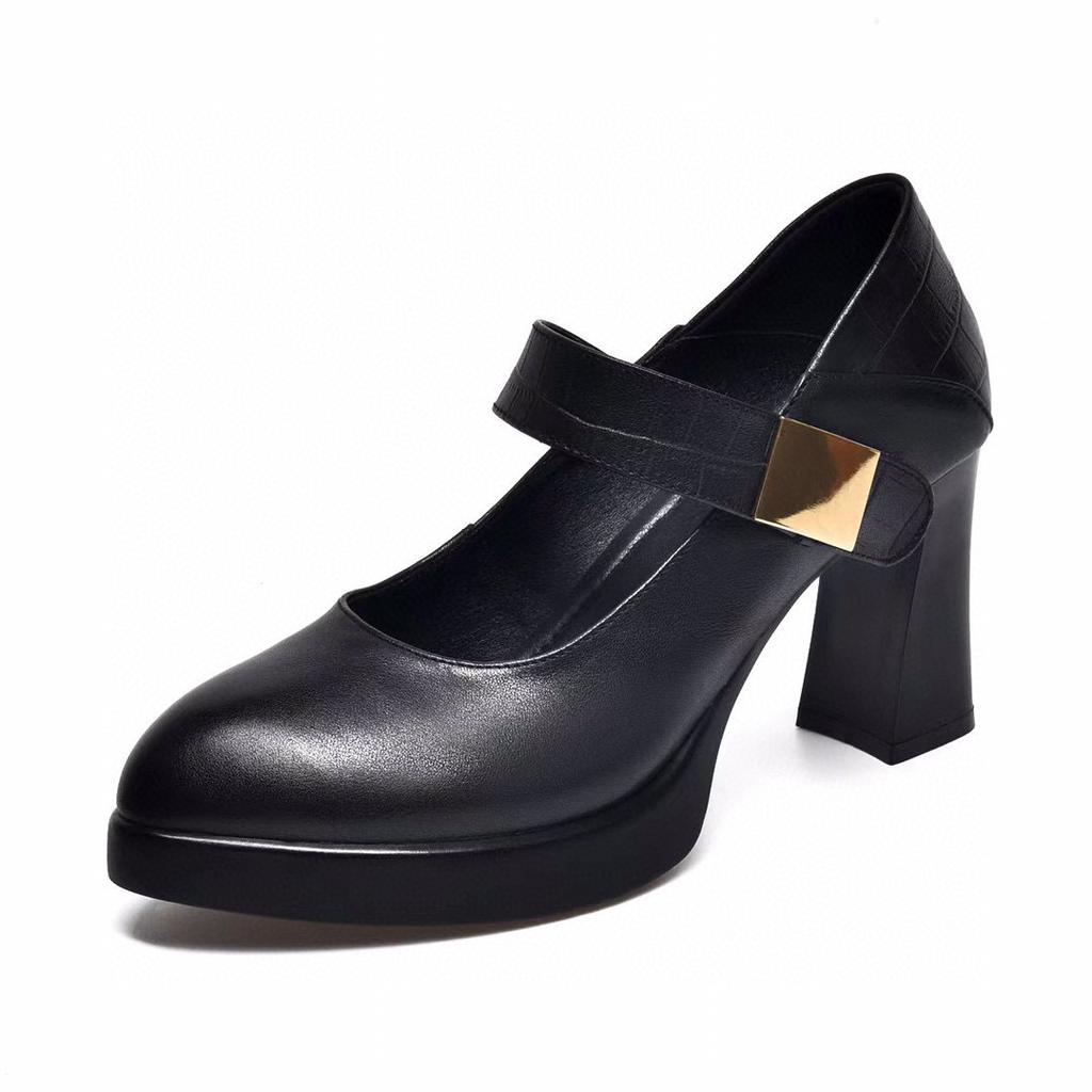 High Heels Women's Shoes 2025 Spring New British Style Pointed Waterproof Table Thick Heel Buckle Single Shoes Cowhide Fashion Shoes