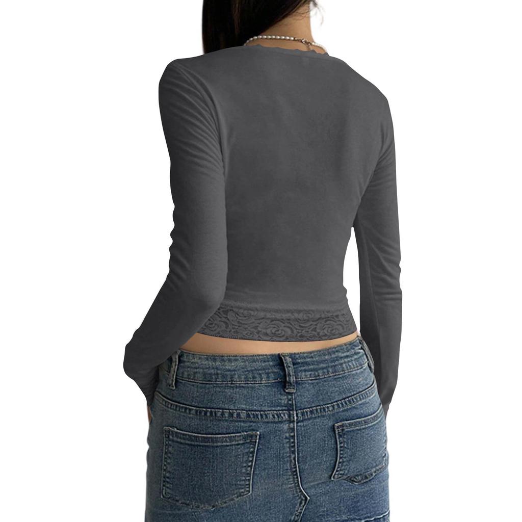 Women's Cotton Long Sleeve Lace Patchwork Navel-Exposed Square Neck T-Shirt