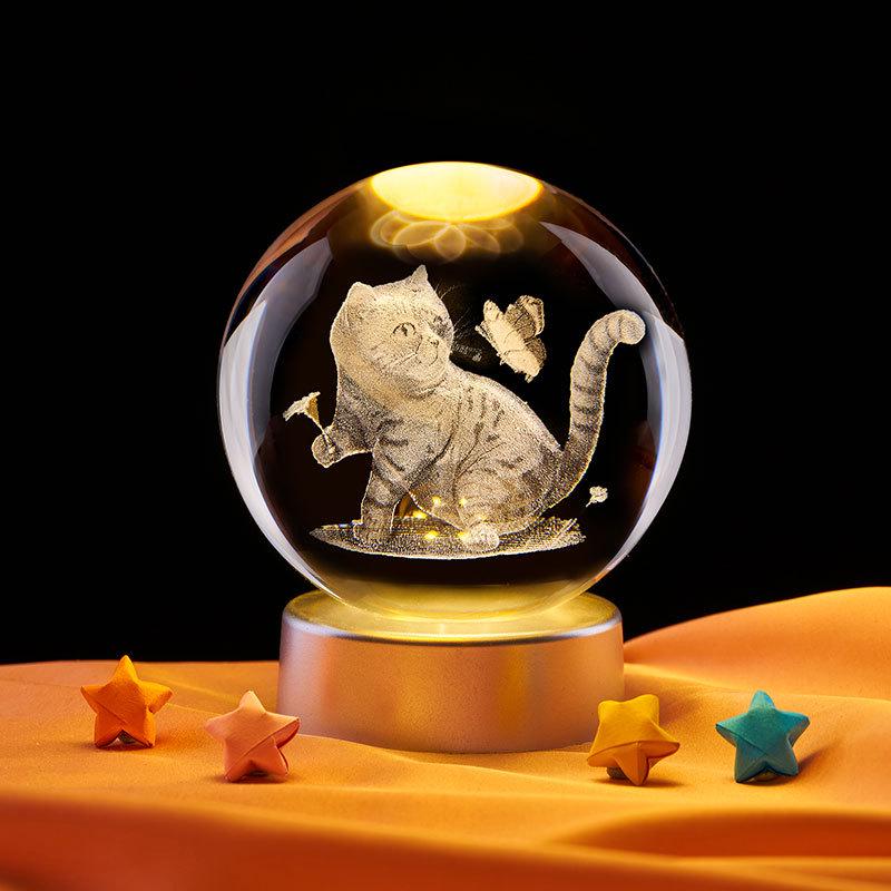 3D Кристальный Шар Ночник "Толстый Кот" - Светящееся Украшение и Подарок на Дни Рождения и Праздники