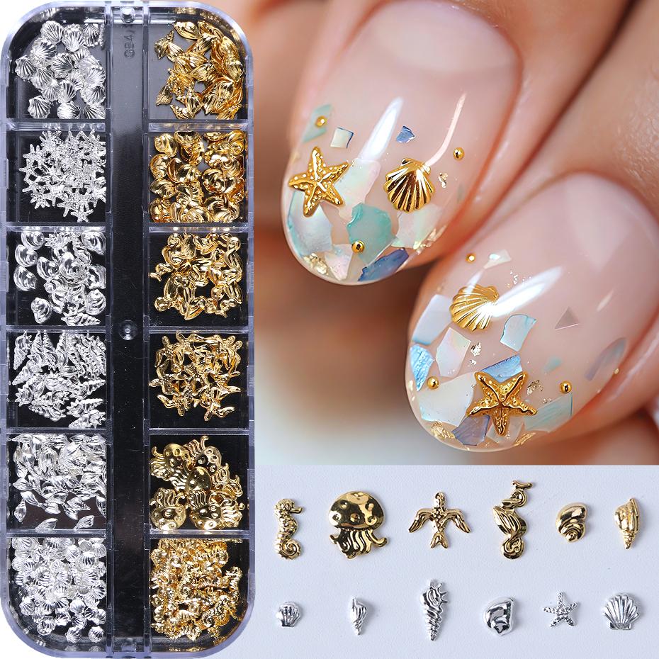 Xiaomi 12 Grids Shell Gold Silver Metal Nail Charms Decorations Starfish Jellyfish Summer Nail Rivet Studs Crafts Nail Art Accessories