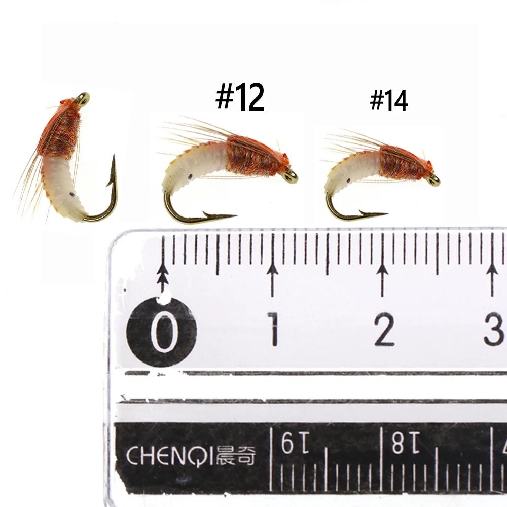 Bimoo 6 шт. #12 #14 классическая нимфа Scud Fly Bug червь для ловли форели, мухи, нимфы, наживка для насекомых, приманка коричневого цвета