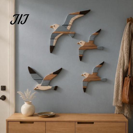 Bohemian Wood Hanging Decor 3/4Pcs Seagull Wall Decor, Nautical Coastal Theme Art, 3D Wooden Bird Adhesive Sculpture for Home Bedroom Living Room Hand