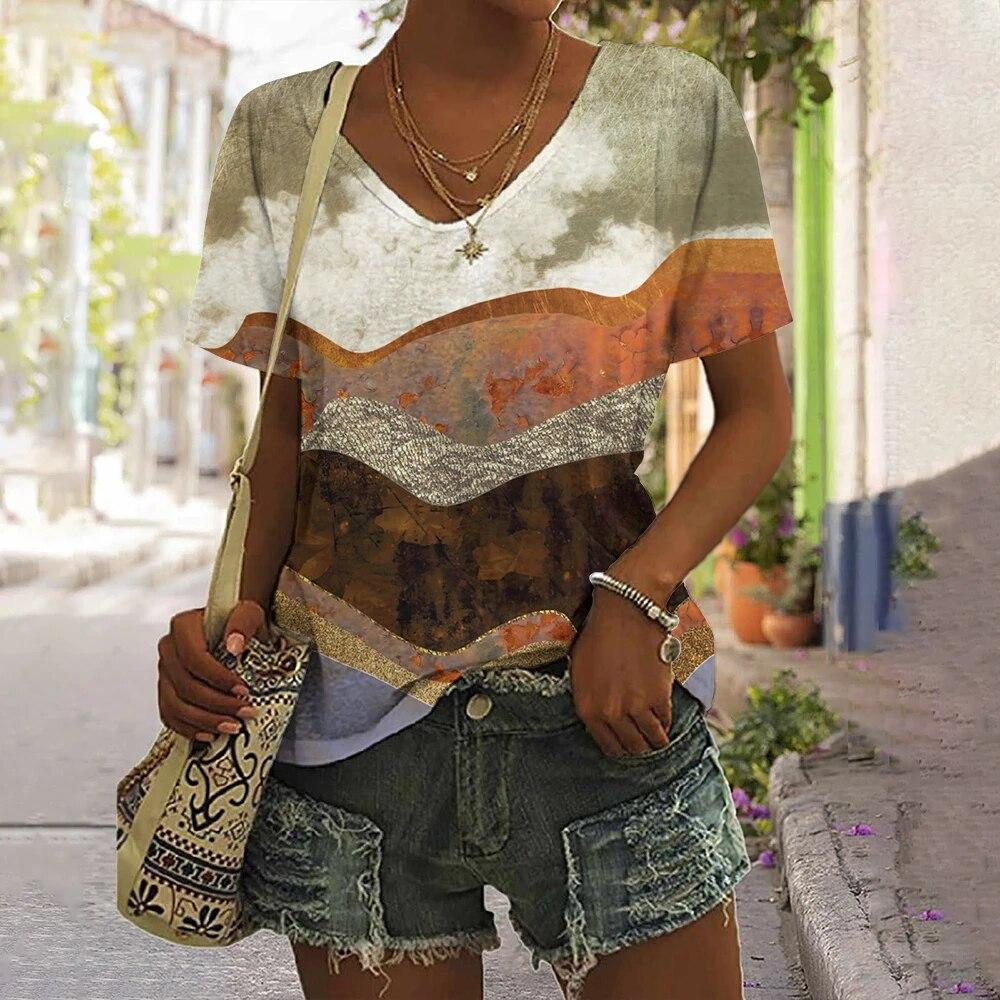 Полосатая футболка для женщин, новая простая одежда, повседневная футболка с v-образным вырезом и короткими рукавами, женская футболка в стиле Харадзюку в стиле ретро с принтом, летняя