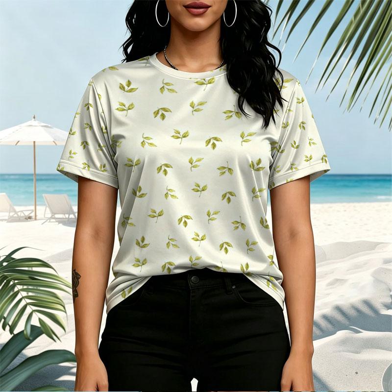 Women's Casual Short Sleeve T-Shirt Minimalist Green Leaf Print, Soft Comfy Summer Beach Tee, Perfect for Daily Wear & Work Commute