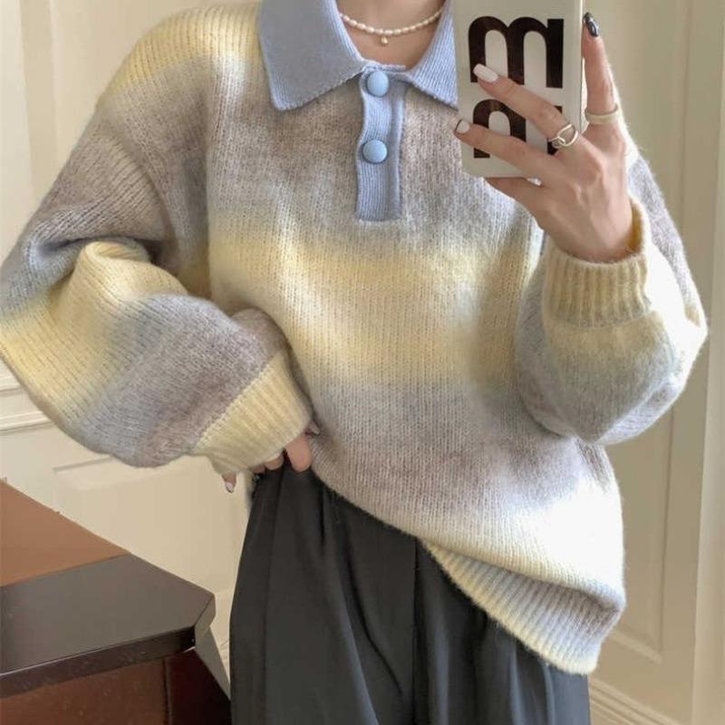 Градиентный свитер с воротником-поло в ленивом стиле для женщин, осень-зима 2023, дизайнерский смысл, нишевый вязаный свободный свитер, пуловер, женский топ