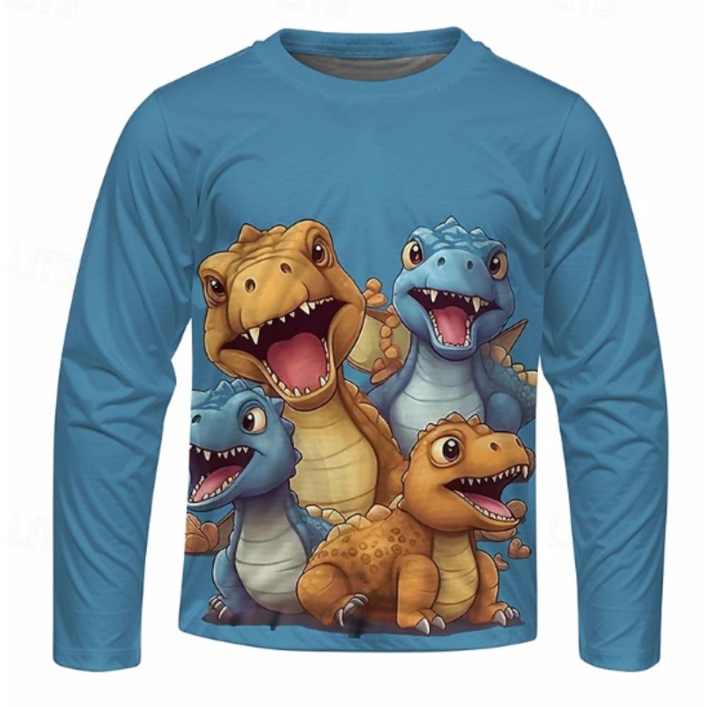 Kids Crew Neck Long Sleeve T‑Shirt, Cute Cartoon Dinosaur 3D Print Casual Loose Halloween Party Daily Wear Tops for Children