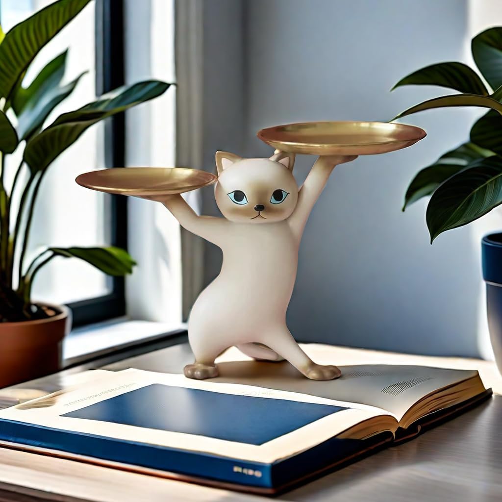 Cat Strorage Storage Tray Resin Cat Statue Figurine Candy Jewelry Earring Ring Key Holder Tray Bowl HomeTable Living Room Decor