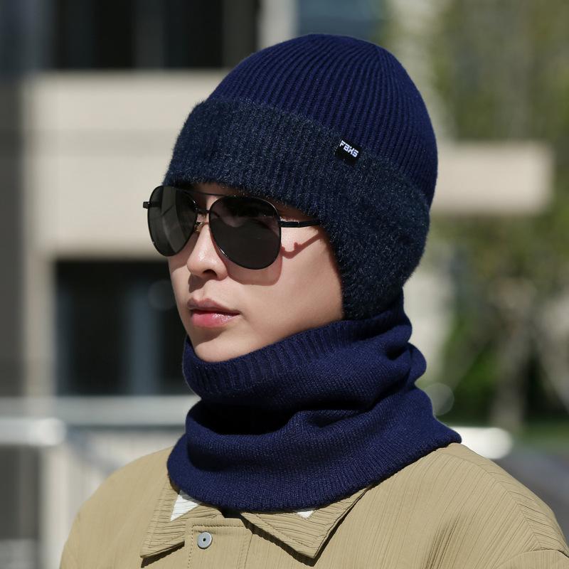 Two-Piece Hat Scarf Set Autumn Winter Windproof Warm Neck Knitted Cap for Men Outdoor Riding Windproof Ear Protection Neck Wool Cap with Scarf