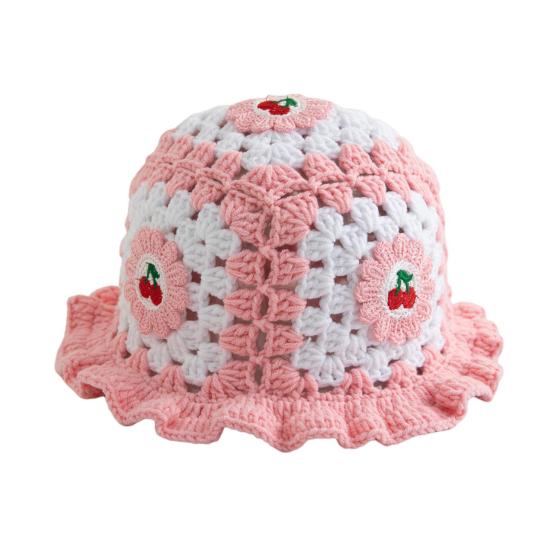 Мультяшная шерстяная шапка с аппликацией в виде вишневого гриба, вязаная шапка, полая, конфетного цвета, детский головной убор, ведро