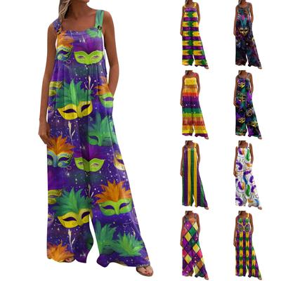 Широкий комбинезон для женщин, повседневный свободный комбинезон без рукавов с принтом и пуговицами, длинные брюки, комбинезон с карманами