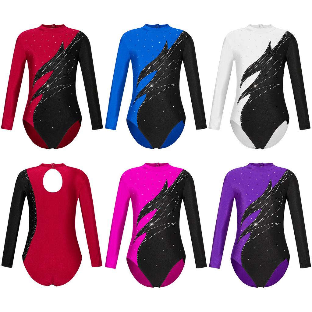 Гимнастический купальник с длинными рукавами для девочек, боди для спортивных танцев с блестящими бусинами и пламенем