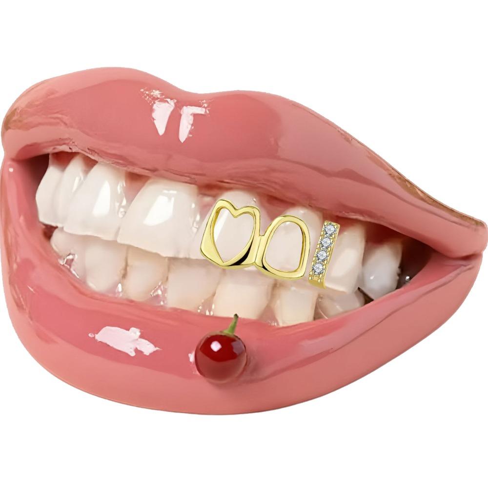 1/2pcs Gold Color Hollow Heart Tooth Grillz Rhinestone Dental Grills Party Cosplay