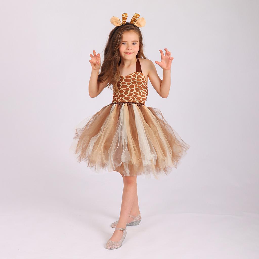 Baby Girls Halloween Cosplay Costume Kids Forest Theme Giraffe Cows Tiger Print Tutu Dress Party