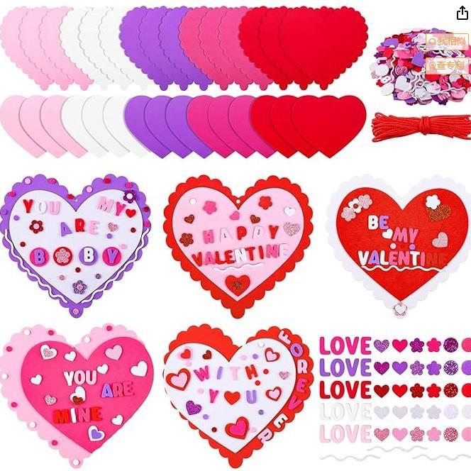 Valentine's Day Foam Heart Decoration Craft Kit With Foam Hearts, Self-Adhesive Glitter Stickers, Pom Poms, Sticky Eyes, Satin Thread For Kids.