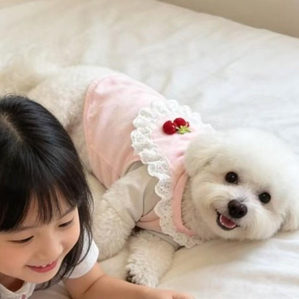 Ruffled Collar Dog Lace Vest Thin Soft Breathable Puppy T-Shirt Cherry Pattern Comfortable Pet Outfits For Small Dogs