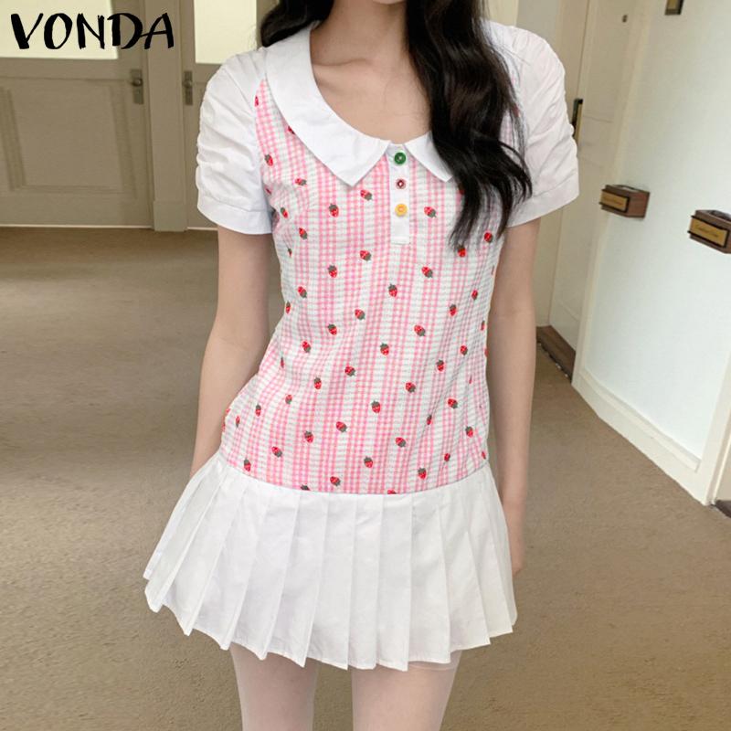 VONDA Women Lapel Neck Short Sleeve Plaid Print Patchwork Ruffled Mini Dress
