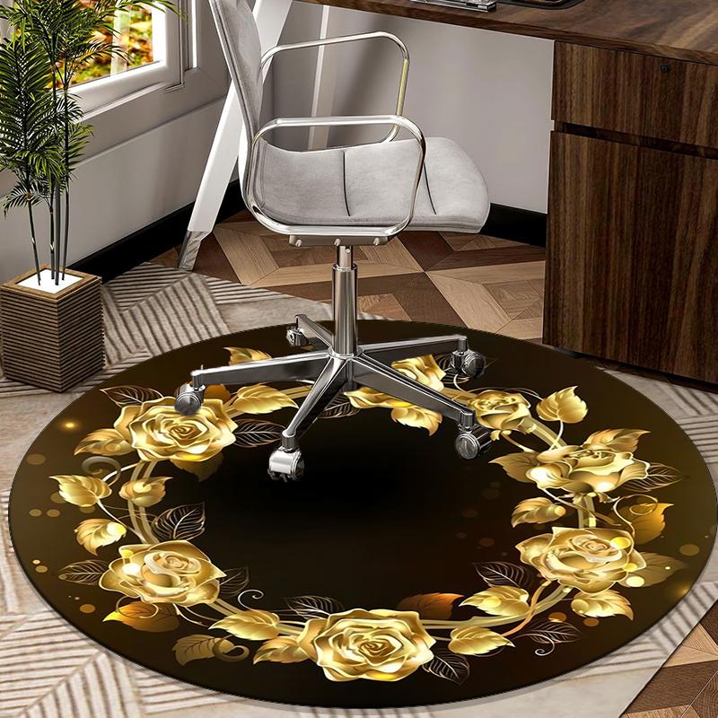 Golden Rose Wreath Design round carpet Chair cushion Round Entryway Rug, Soft Round Rugs for Living Room, Bedroom, Circle Carpet decor gifts