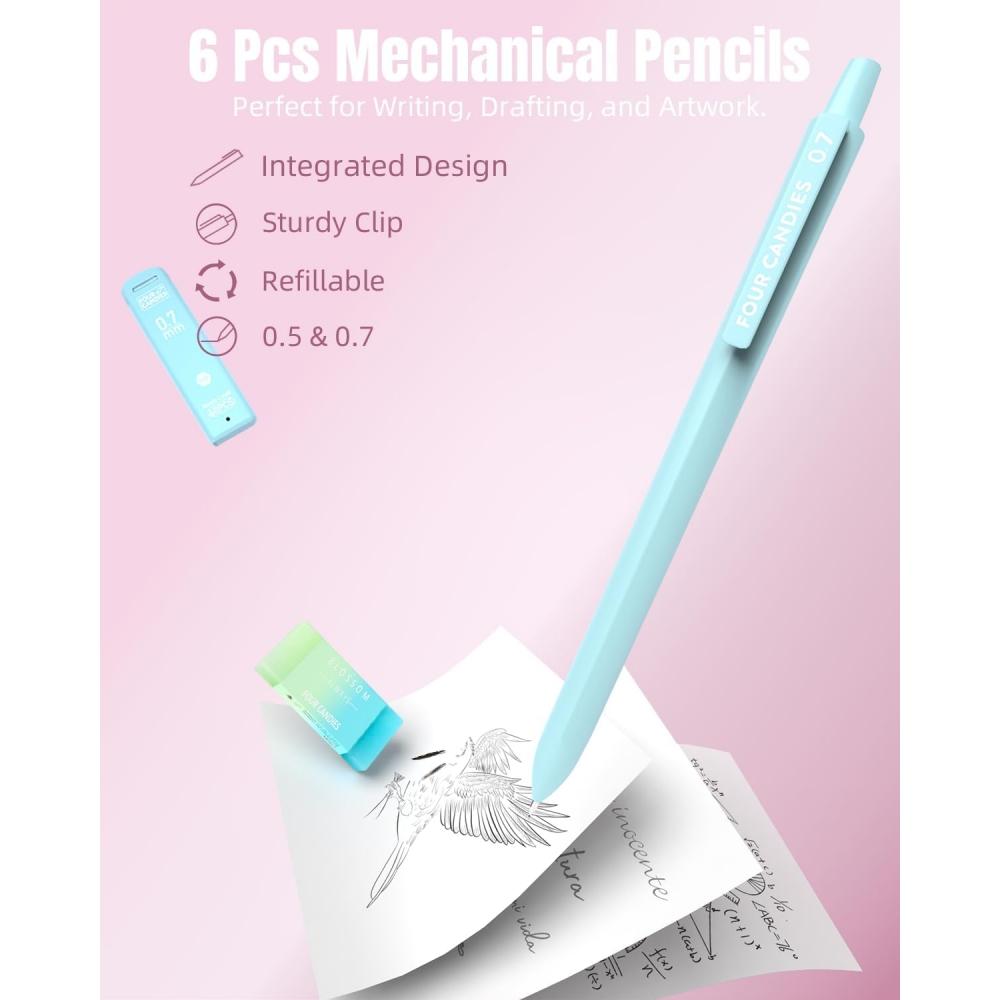 Four Candies Stationery Set, Pencil Case, Highlighter Pen, Ballpoint Pen, 0.5 & 0.7&0.9mm Mechanical Pencil Set, School Supplies Set, Student Statione