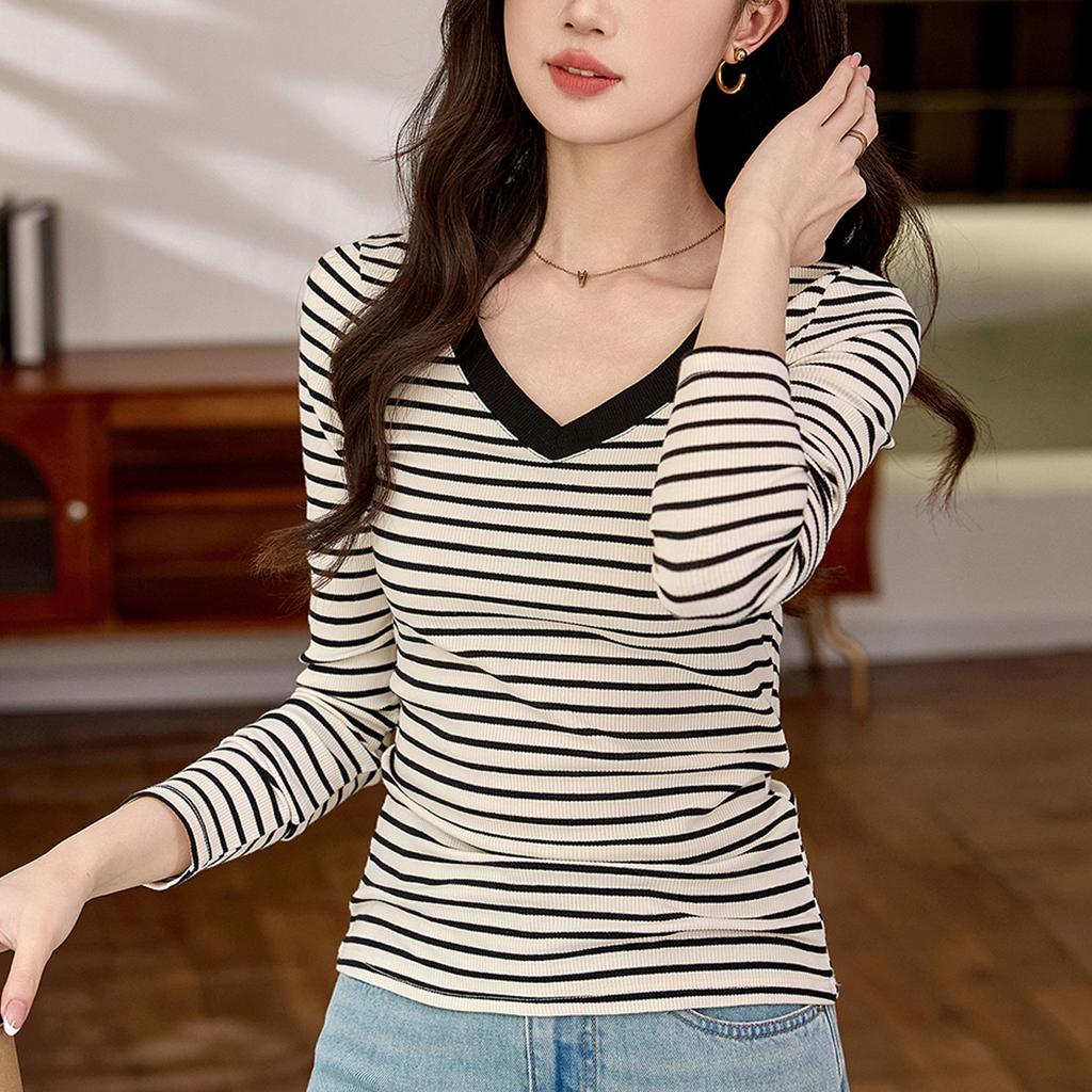 Striped V-neck Long Sleeve T-shirt for Women In Autumn New Style Slim and Versatile Shoulder Top