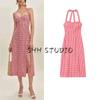 Summer New Product Women's Clothes Vacation Style Plaid Halterneck Lace-up Sleeveless Silm Waist-Tight Split Long Dress