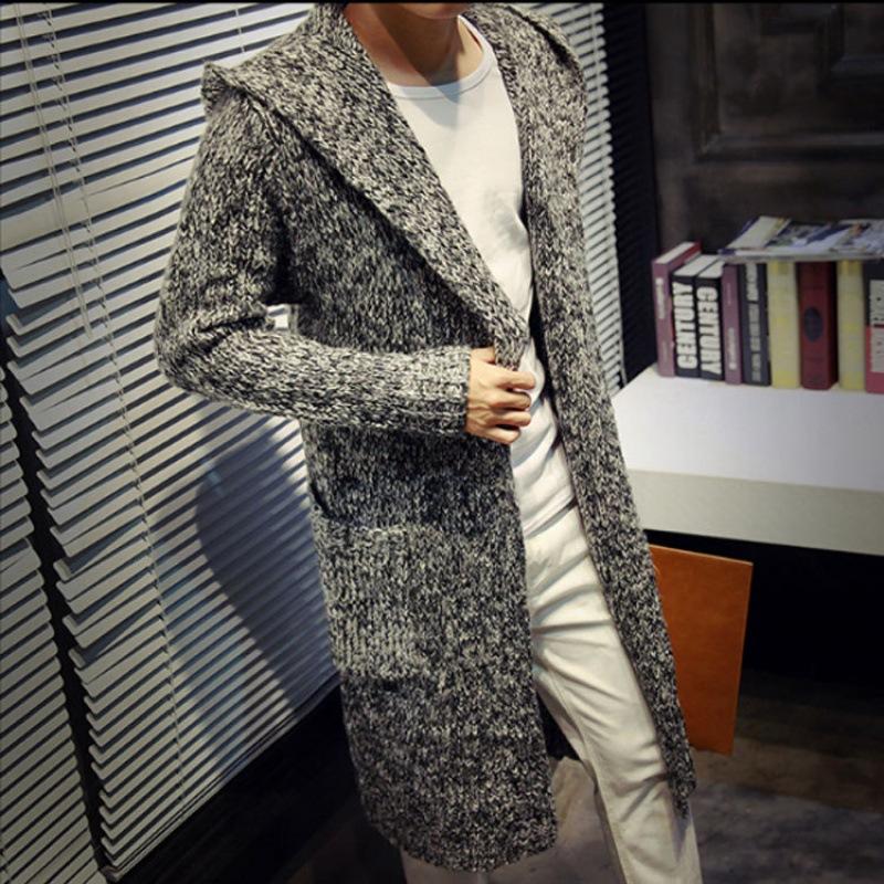 Men Hooded Jacket Long Knitted Cardigan Coats Solid Color Sweater Coats Autumn Knitted Jacket