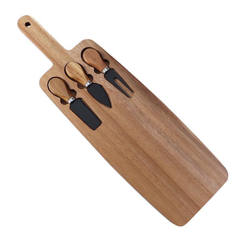 Acacia Wood Cheese Board Set with Stainless Steel Knives and Forks - Ideal for Snacks and Cutlery.