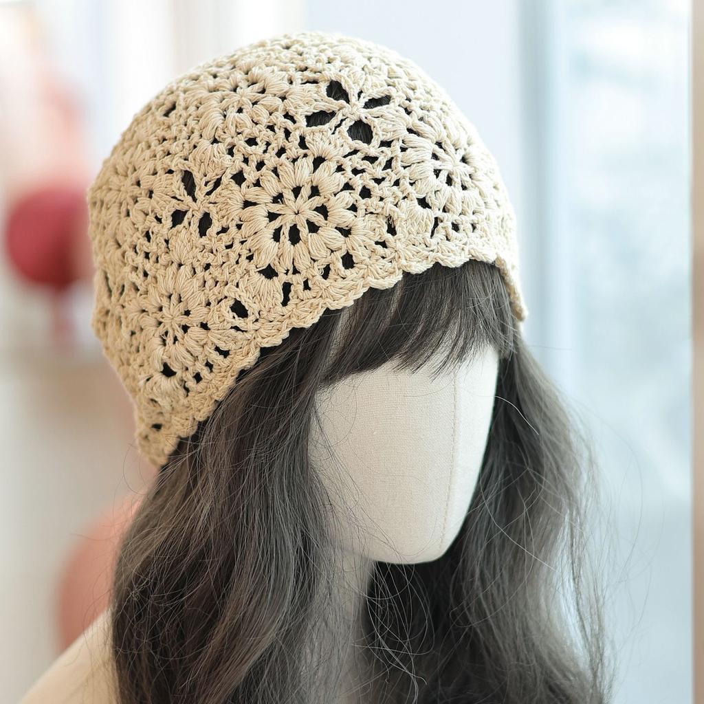 Mori double-row crochet sweet hollow baotou hat female retro literary cotton thread spring and summer breathable pullover hat