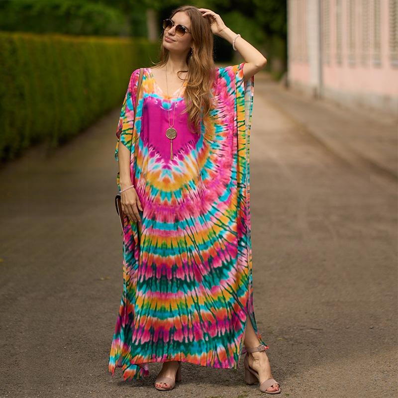 EDOLYNSA Повседневное платье с принтом, платье макси с рукавами «летучая мышь», 2023, женский марокканский кафтан, женская богемная праздничная пляжная одежда, платья до середины икры, Q1450