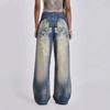 Y2k Vintage Women Jeans Back Wing Printed Rivet Washed Wide Leg Denim Pants Baggy Distressed Casual Trousers Streetwear