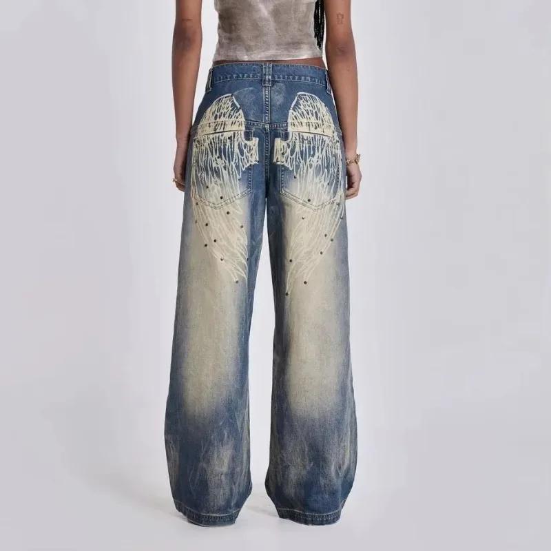 Y2k Vintage Women Jeans Back Wing Printed Rivet Washed Wide Leg Denim Pants Baggy Distressed Casual Trousers Streetwear