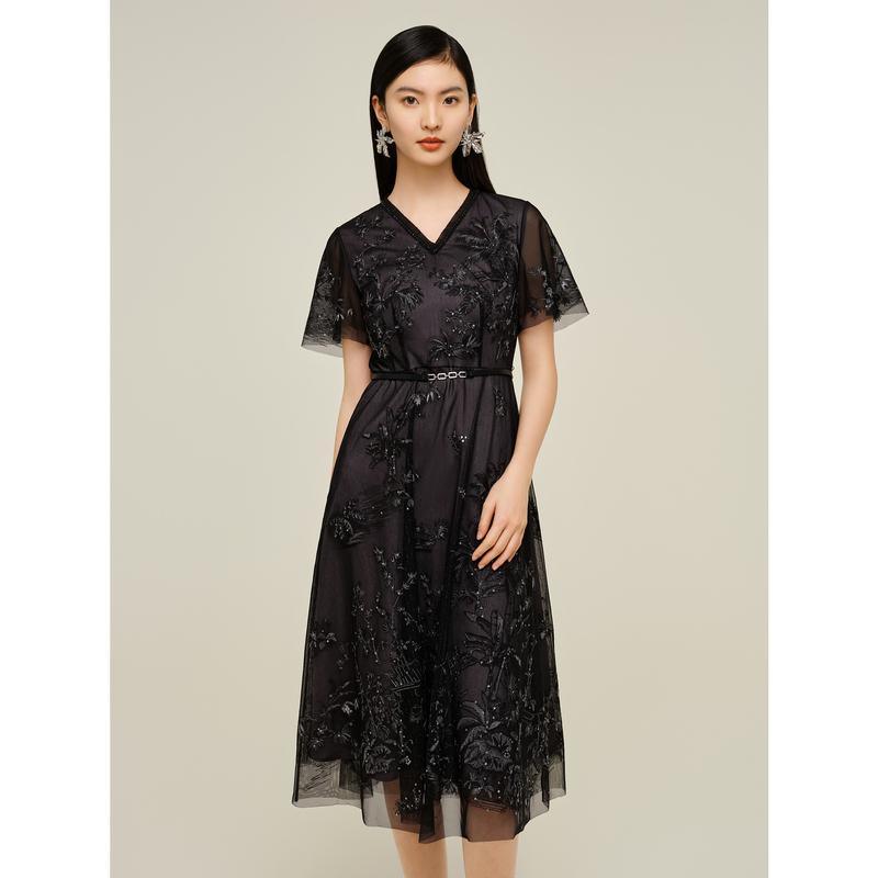 JZ Jiuzi Shopping Mall Same Light Mature Embroidered Mesh Waist Dress Women's Summer New Style