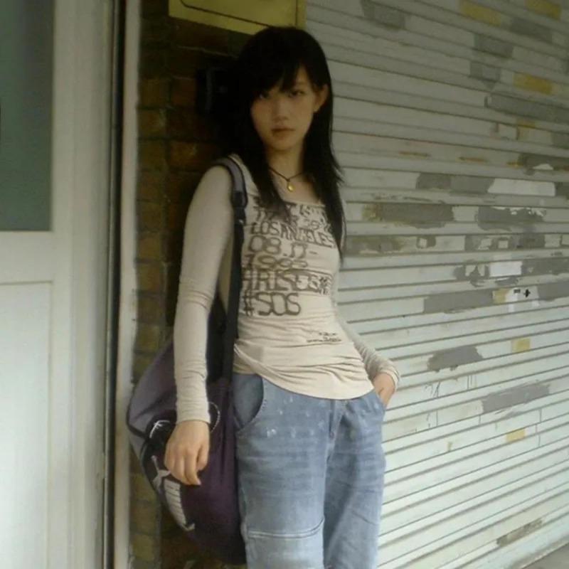 2KWEIRD Японская футболка Y2k с принтом букв, в стиле трэш 2000-х, с длинным рукавом, рубчатый топ, винтажная уличная одежда Харадзюку, американский ретро