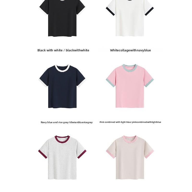 Heavyweight color-blocked round-neck women's simple versatile short-sleeve T-shirt, regular shoulder, cropped slim-fit top