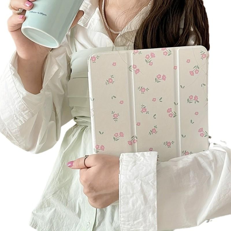 IPad Pro 12.9 Inch Case With Mirror Surface Tri-Fold Stand Pen Slot Floral Print PC Cover Air/Mini/10th Gen