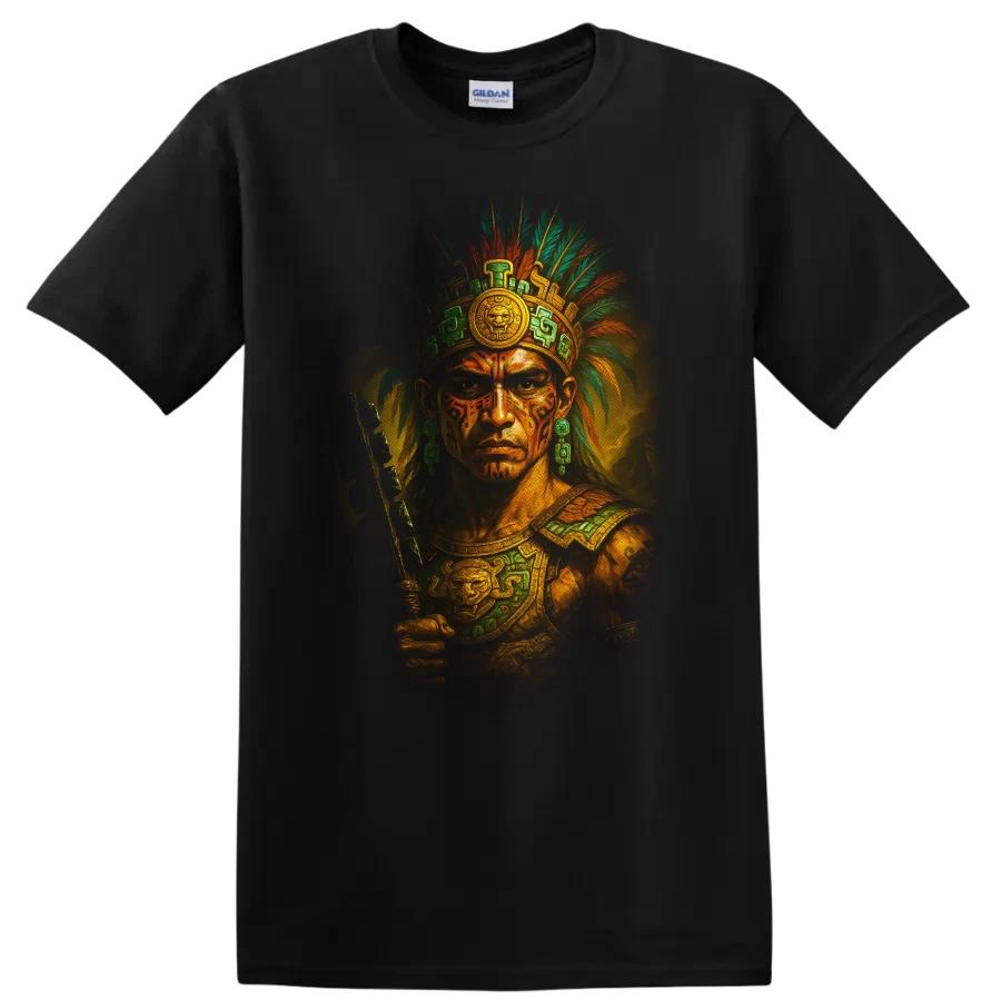 Aztec Warrior T Shirt Tribal Headdress Spear Ancient Fighter Battle Tee
