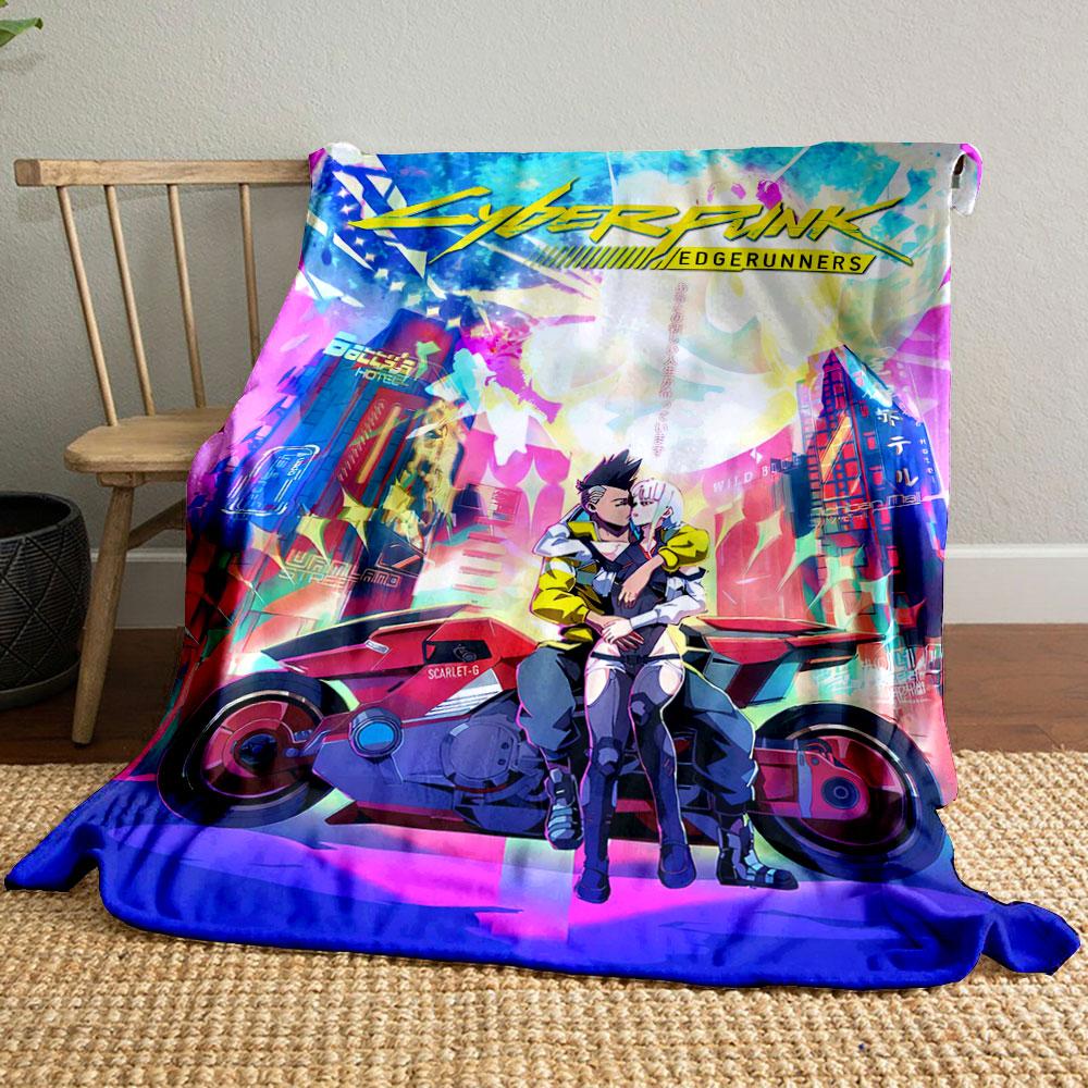 Futuristic neon cityscape with a couple on a red motorcycle. for all seasons blanket lunch break throw gift