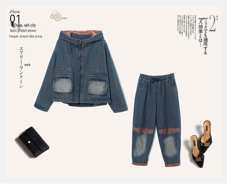 Женский новый утолщенный джинсовый костюм 2024: Мода Осень/Зима, Стильный Повседневный Костюм-Двойка для Мам Среднего и Пожилого Возраста