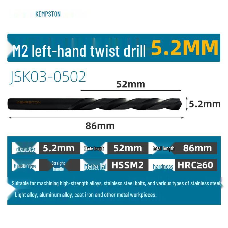 Capson M2 High-Speed Steel Left-Hand Twist Drill Bit for Stainless Steel, Straight Shank, 1-16mm