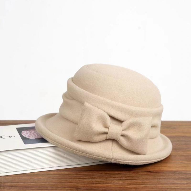 Temperament bow wool Hepburn top hat celebrity retro elegant French autumn and winter basin hat bucket hat felt hat