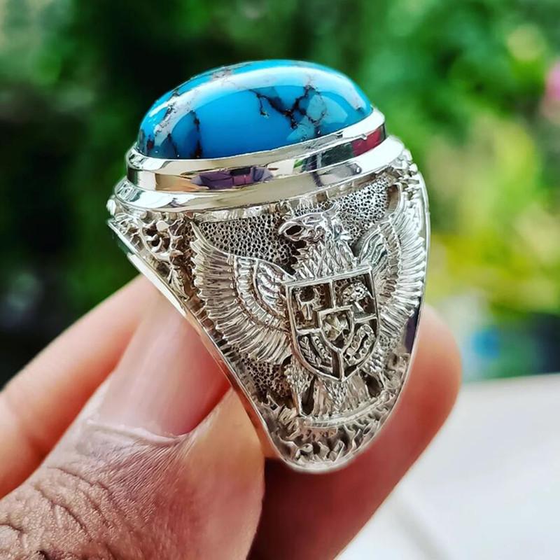 Винтажные круглые инкрустированные синим камнем кольца модные серебряные металлические кольца ручной работы с орлом в стиле панк ювелирные изделия