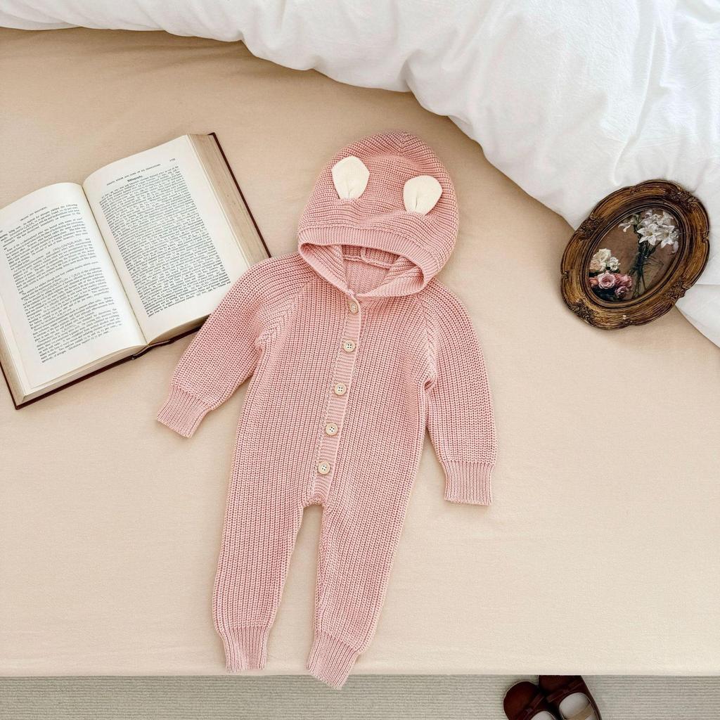 Корейский стиль Унисекс Детский ромпер с капюшоном с ушками кролика - Осенне-зимний хлопковый костюм