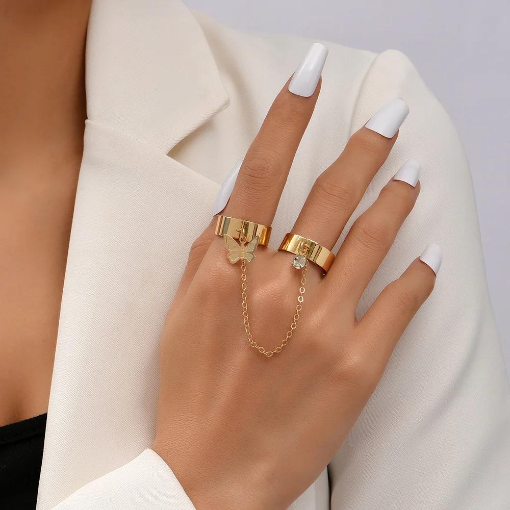 Простой браслет-цепочка с сердцем, позолоченный, соединенные звенья, широкие кольца на палец, ювелирные изделия, подарки для женщин и девочек