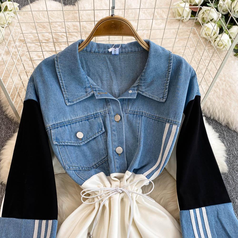 Новое контрастное джинсовое платье в стиле пэчворк с лацканами, женское дизайнерское платье Sense с завязками на талии, утягивающее длинное платье