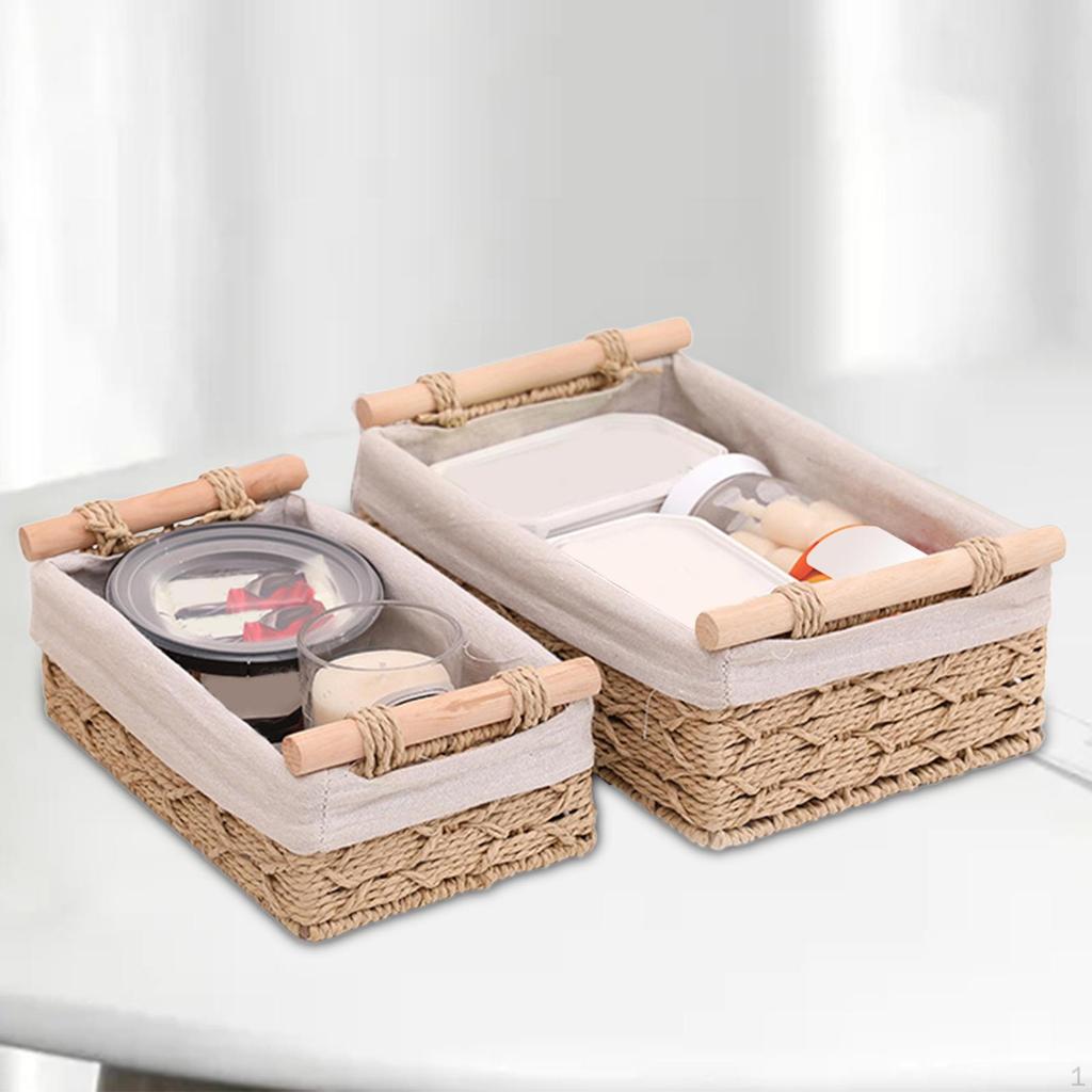 2 Pieces Woven Baskets Hand-Woven Paper Rope Storage Bathroom with Handle Rectangular