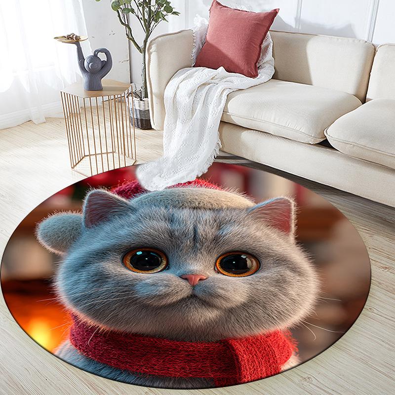Cat in Santa Hat Round Area Rug,Carpet Rug for Living Room Bedroom Sofa Playroom Decor,Non-slip Floor Mat