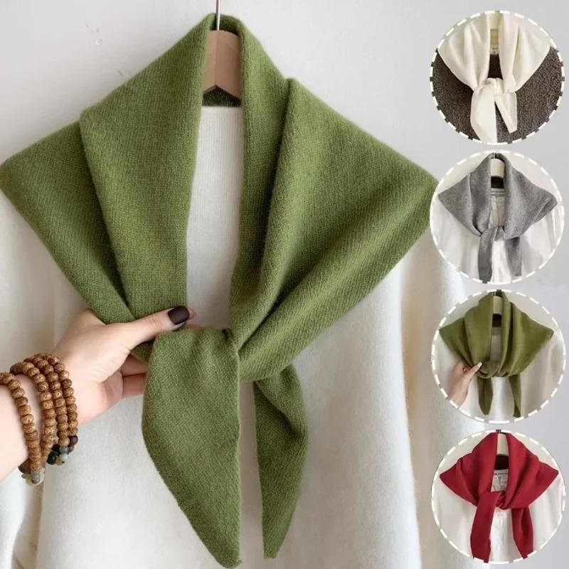 Women's Winter Wool Scarf Warm Triangle Knit Solid Color Shawl Wrap Pashmina Bandana Headscarf for Ladies