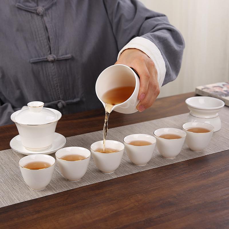 Suet jade kung fu tea set ceramic cover bowl teacup white porcelain brewing teapot tea set annual meeting gift set printing