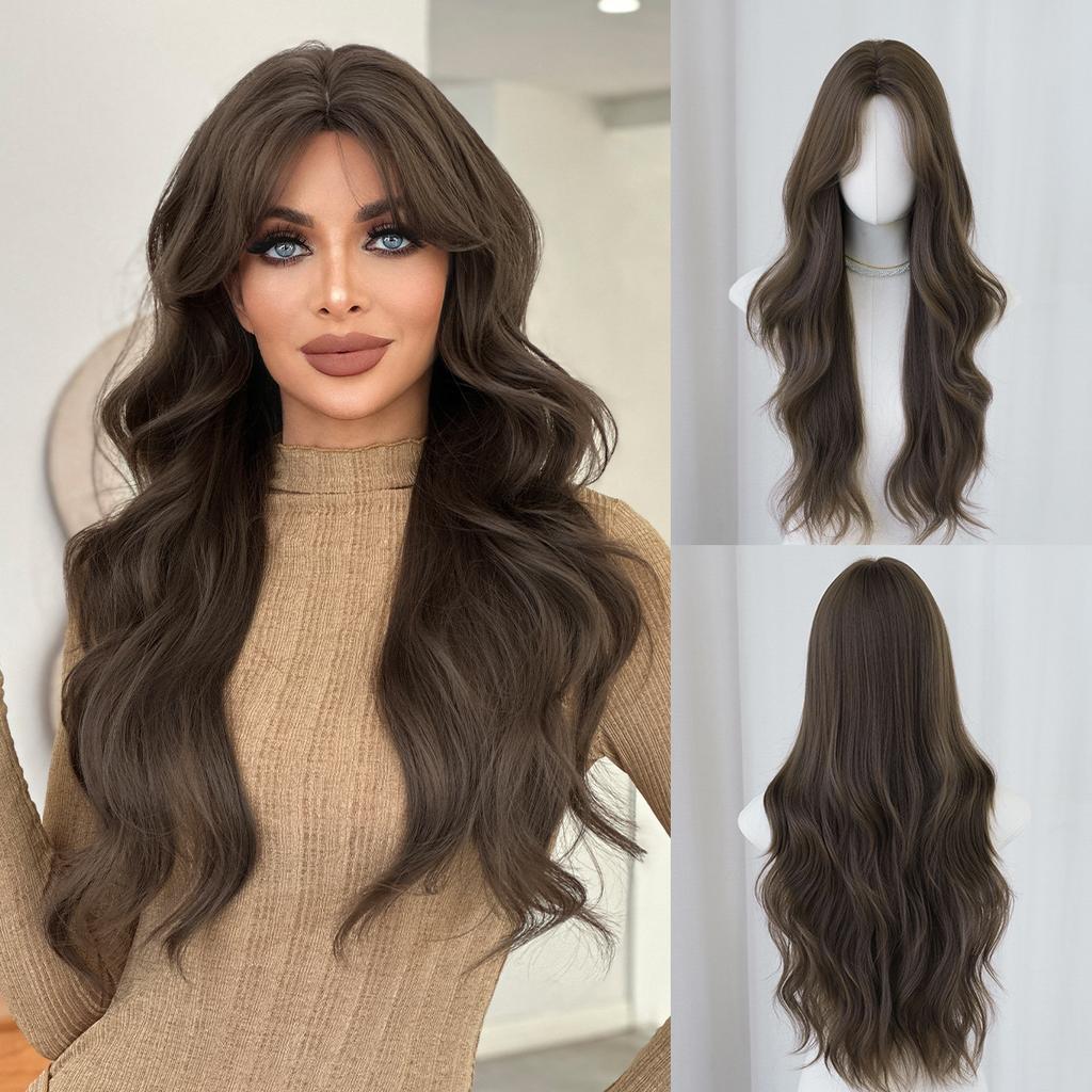 Caramel Warm Brown Extra Long Curly Wig for Women - Big Waves Curtain Bangs Full Cap, Quick Beauty Voluminous Hair, High Quality Daily Styling