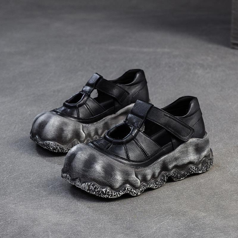 Johnature Thick Soled Retro Anti Slip Women's Flat Shoes Genuine Leather Versatile Roman Sandals